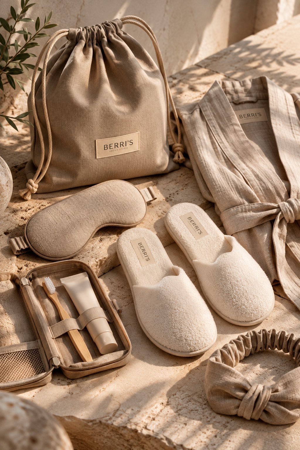Berri's kit: pouch, kimono, eye mask, hotel slippers, oral care kit and headband